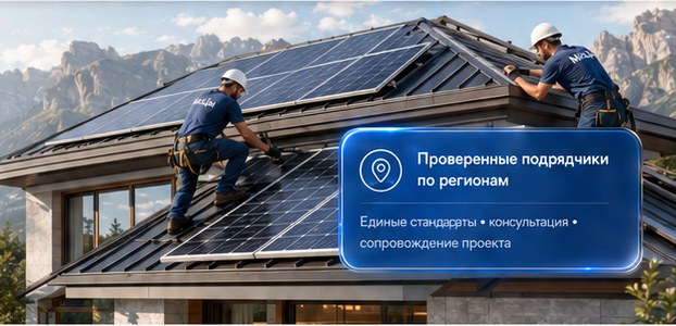 Монтажники устанавливают солнечные панели на крыше дома